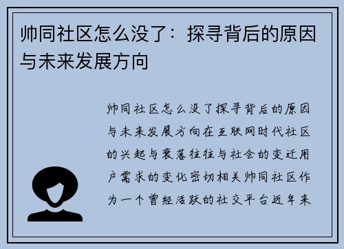 帅同社区怎么没了：探寻背后的原因与未来发展方向